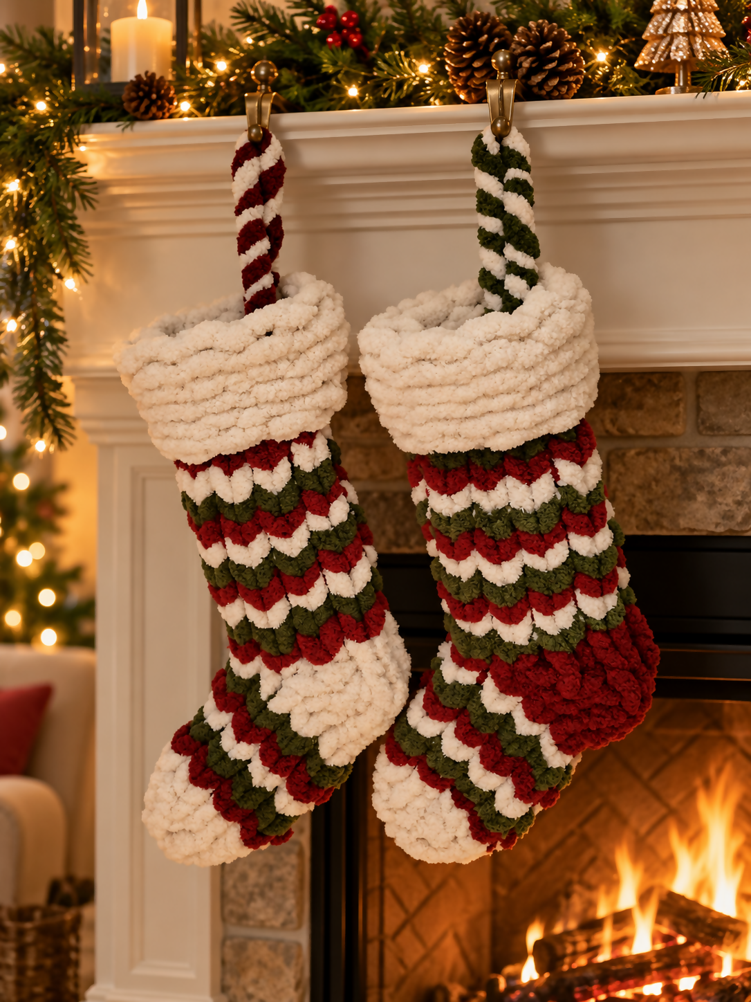 Cranberry green and ivory Christmas stocking