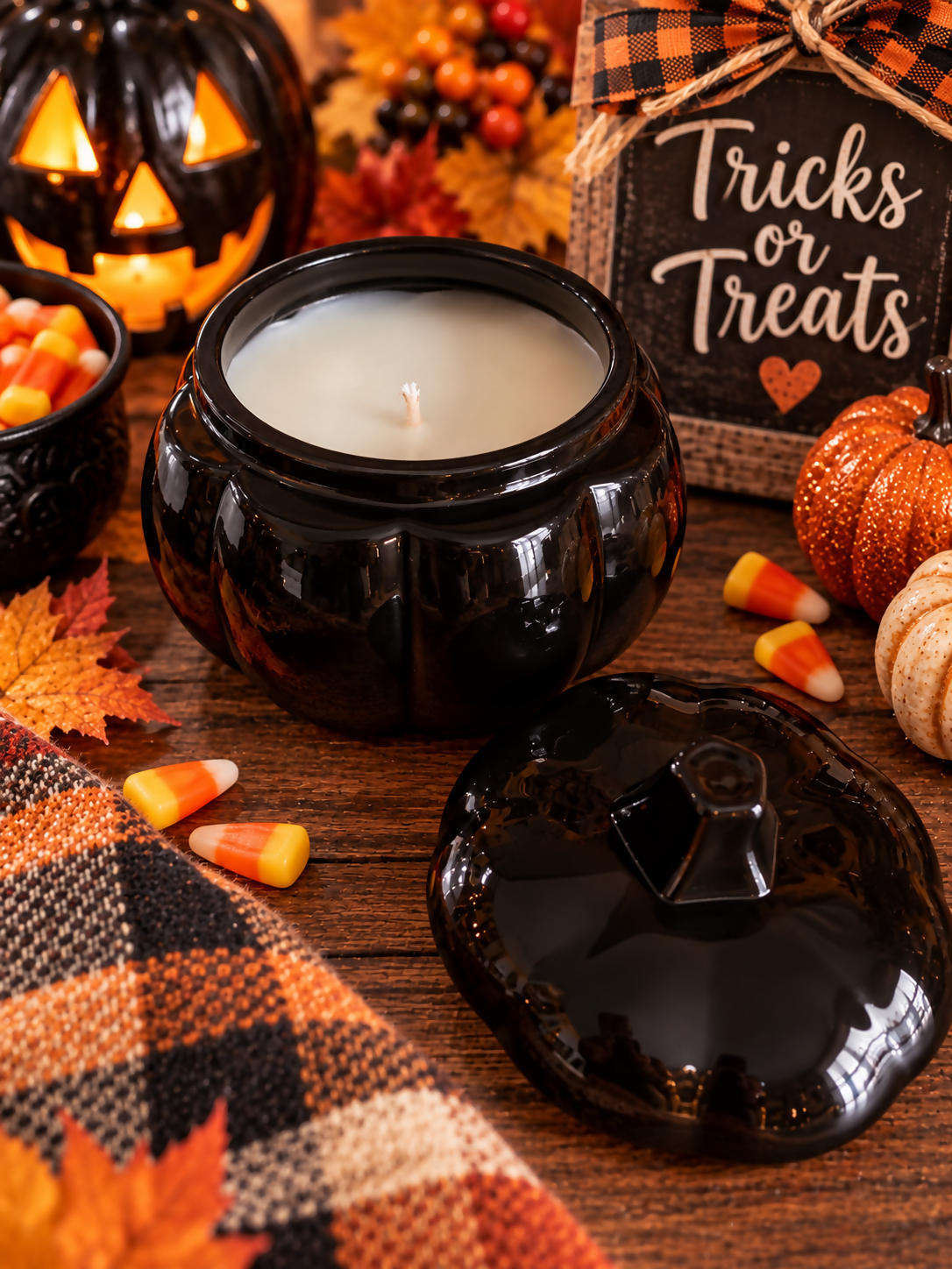 Tricks or Treats Candle Black Pumpkin Jar