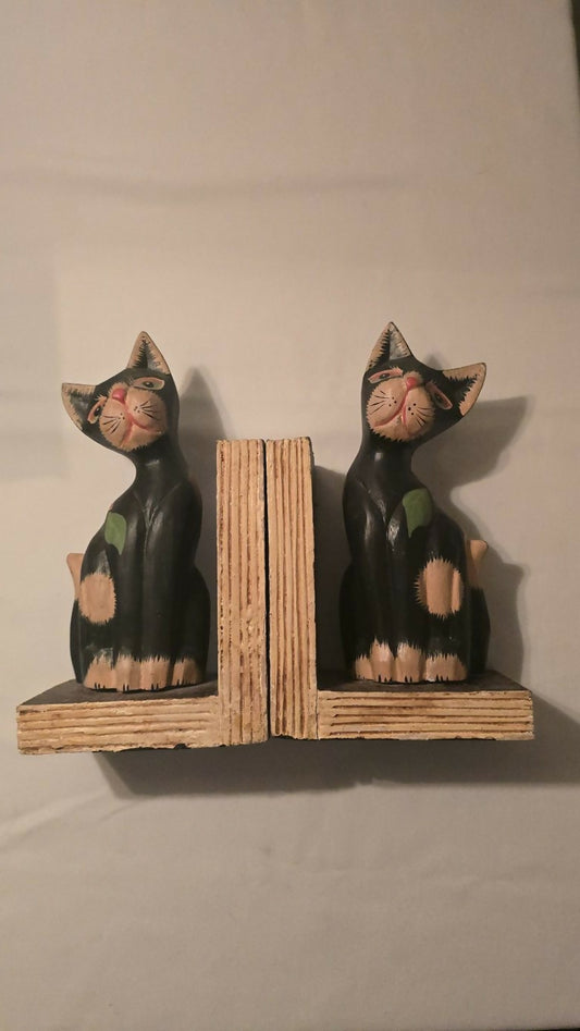 Hand Carved Hand Painted Wooden Cat Bookends (set of 2)
