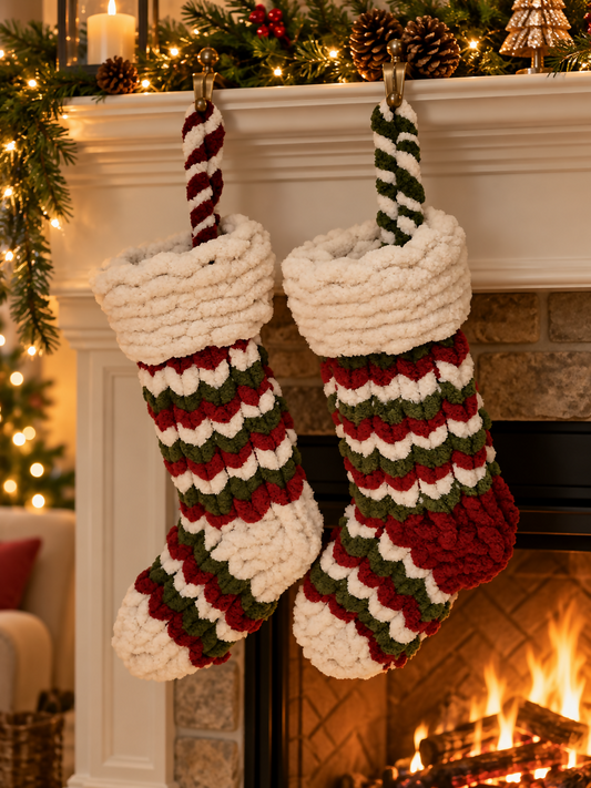 Cranberry green and ivory Christmas stocking