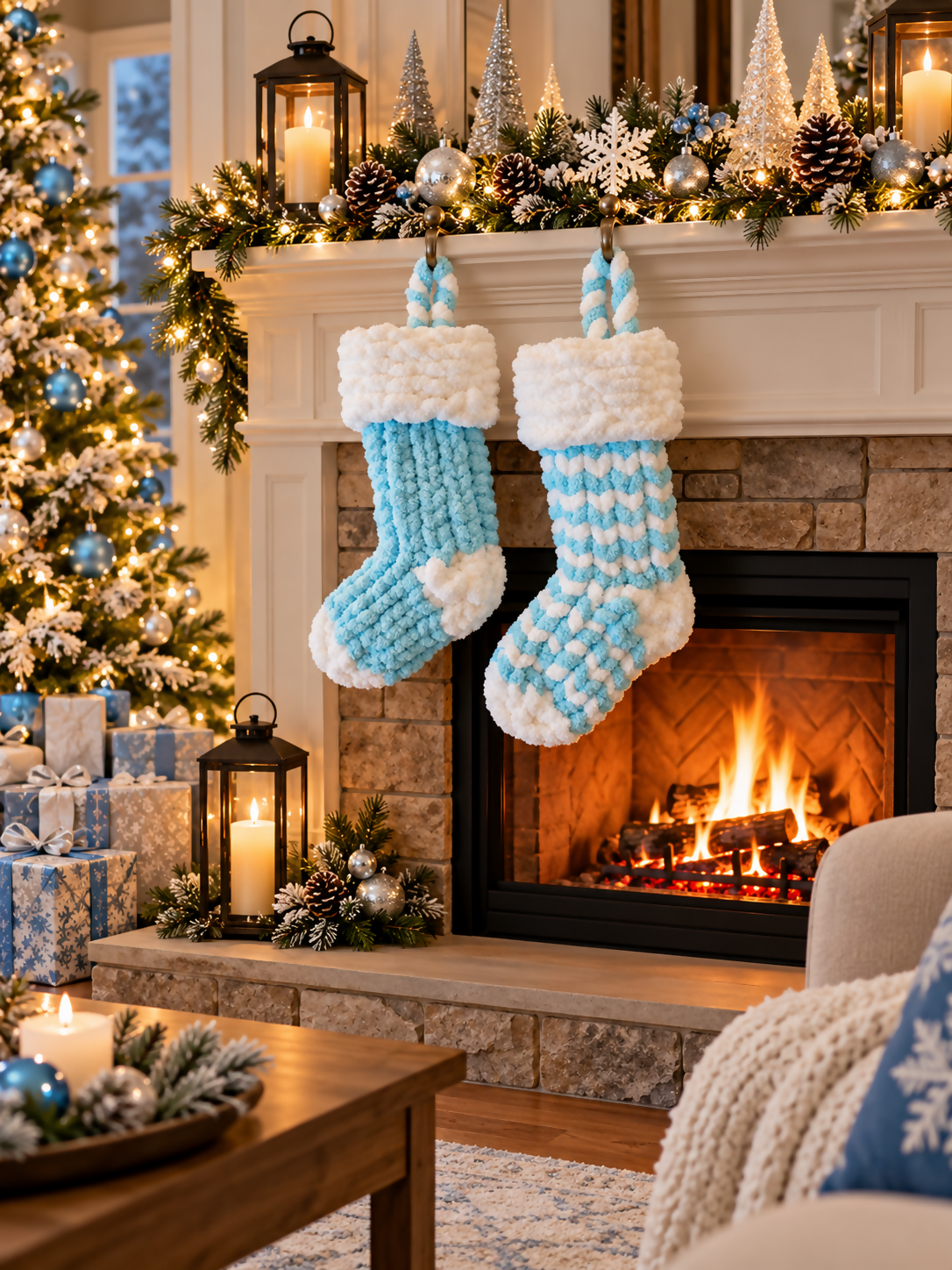 Blue and white Christmas stockings