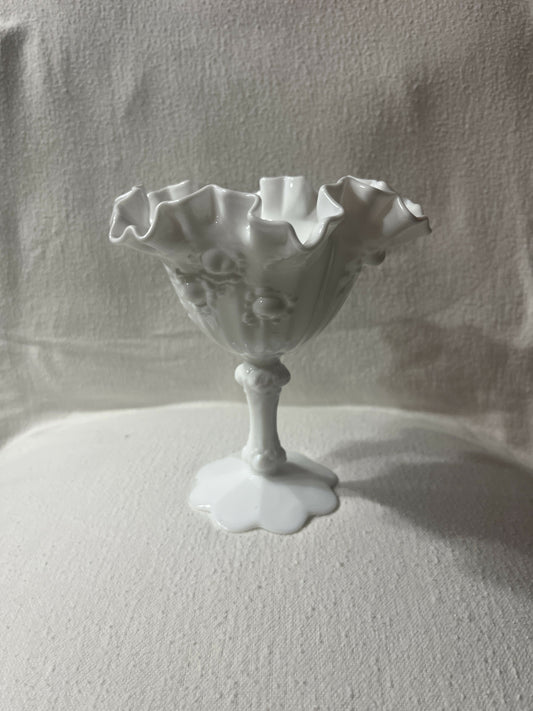 Ruffled pedestal milk glass